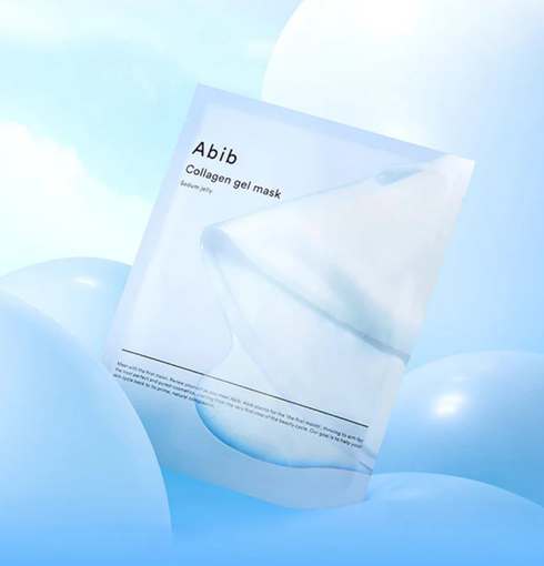 ABIB Collagen Gel Mask Sedum Jelly - sachet de masque gel au collagene parmi des ballons bleus